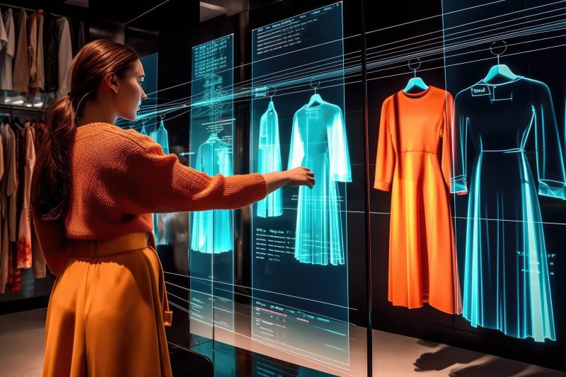 The photograph showcases a stunning and atmospheric 3D virtual dressing room, where individuals can experience lifelike simulations of trying on clothes and accessories. Generative AI